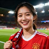 一位年轻女性球迷的头像，穿着红色球衣，笑容灿烂，手持围巾，背景是夜晚灯光璀璨的足球场